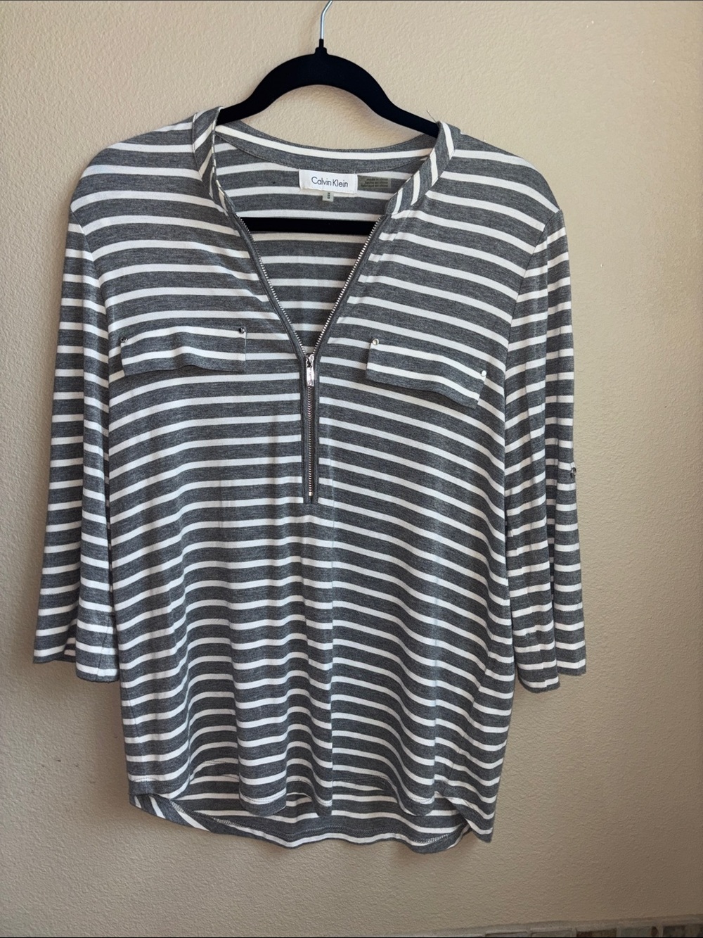 Calvin Klein Gray White Striped Quarter Zip Top 3/4 Sleeve Medium